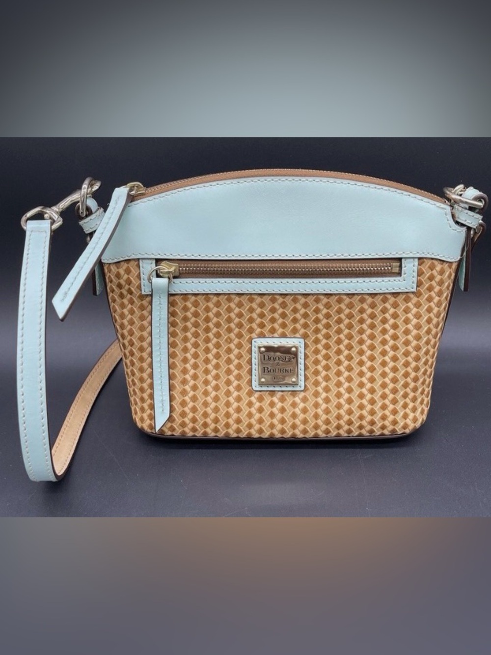 Dooney & Bourke Tan Woven Crossbody with Light Blue Trim